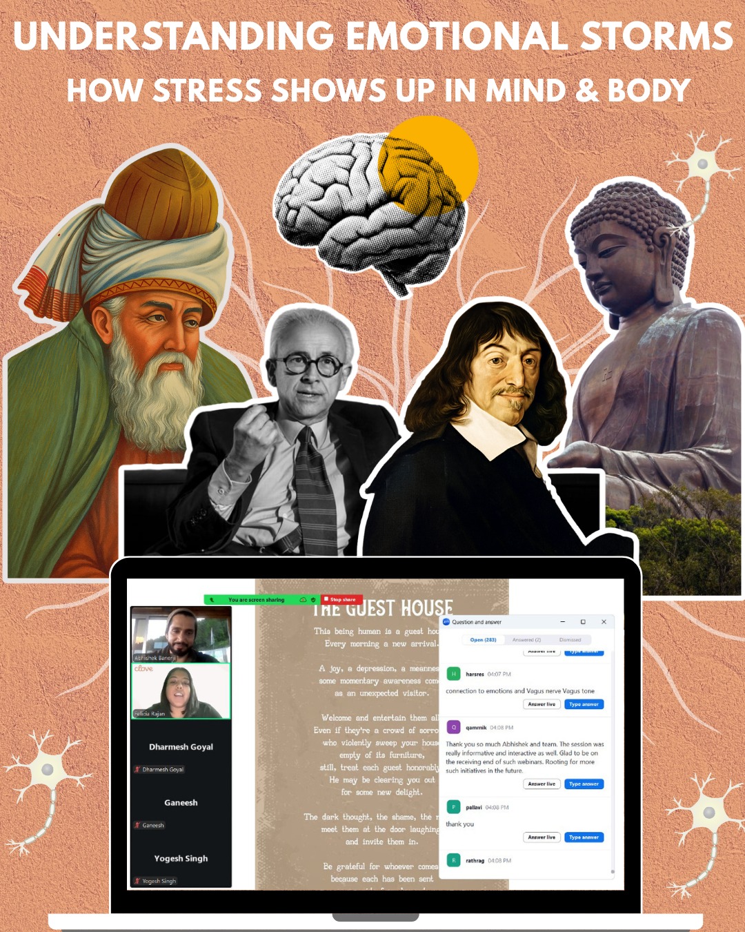 Descartes × Rumi × Damasio × Budddha × Vagus Nerve

A philosopher, a poet, a neuroscientist, a sage and a nerve that connects them all!

What am I talking about?

A webinar I facilitated for World Mental Health Month, titled “Understanding Emotional Storms: How Stress Shows Up in Our Mind and Body,” for around 250 professionals from the banking industry.

We explored stress not as something that “just happens in the mind,” but as a living, physical experience that moves through the mind and body - understood through philosophical, psychological, and physiological lenses.

From Descartes’ separation of mind and body, to Rumi’s flowing metaphors for emotion, to Damasio’s neuroscience of embodied feeling, and the Buddha’s reminder that calm comes from awareness, not control.

We learned that emotions and feelings are embodied truths - real physiological experiences reflected in breath, posture, and heartbeat.

We explored body maps, understood the layers of emotion, feeling, and mood, and discovered practical ways to regulate through the vagus nerve - the biological bridge between mind and body.

🟢 Ventral Vagal (Safety & Connection)
🟡 Sympathetic (Fight / Flight)
🔴 Dorsal Vagal (Shutdown / Immobilization)

Balancing these states deepens calm, connection, and presence.

Grateful to everyone who joined for the thoughtful interaction and honest reflections throughout the session, your openness made the conversation come alive.

And a big thank you to Clove - Emotional Wellbeing Partner for the continued partnership and for creating spaces where conversations about mental health feel real, relevant, and accessible.

[Mental Health, Mind-Body Connection, Psychology, Wellbeing, Workplace Wellness, Vagus Nerve]