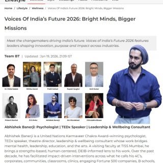 Glad to be featured in Bombay Times Voices of India’s Future 2026, alongside inspiring changemakers. 

🔗 Link in bio

[Psychologist, Mental Health, Wellbeing, Leadership, Bombay Times, Mental Health Advocate]